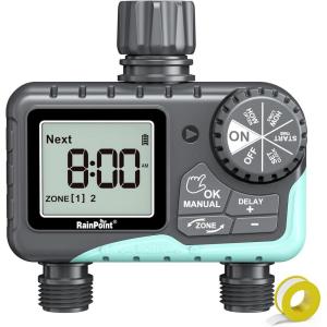 imageRAINPOINT Sprinkler Timer 2 Outlet Water Timer for Garden Hose Drip Irrigation Timer for Yard Outdoor Watering Rain DelayManualAutomatic System Controller Brass Inlet V2Plastic