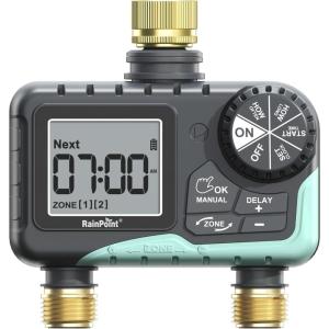imageRAINPOINT 2 Zone Sprinkler Timer with Brass Inlet and Outlet  Water Timer for Garden Hose with Rain DelayManual WateringAutomatic Irrigation Controller System  Water Hose Timer for Yard LawnBrass