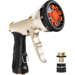 imageRAINPOINT Garden Hose Nozzle Hose Sprayer Nozzle with 9 Spray Patterns High Pressure Water Hose Nozzle Heavy Duty Metal Hand Sprayer Watering Plants and Lawn Car Washing Pet ShoweringGrey 2pcsOrange