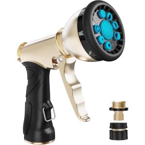 imageRAINPOINT Garden Hose Nozzle Hose Sprayer Nozzle with 9 Spray Patterns High Pressure Water Hose Nozzle Heavy Duty Metal Hand Sprayer Watering Plants and Lawn Car Washing Pet ShoweringGrey 2pcsBlue