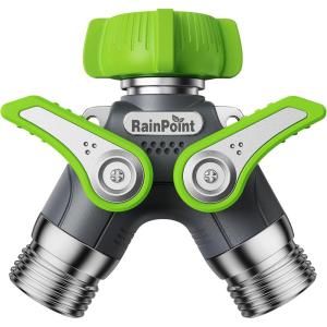 imageRAINPOINT Garden Hose Splitter 2 Way Heavy Duty Water Hose Y Spigot Splitter with Shutoff Valves 100 Metal Body Outdoor Faucet Splitter 19quot Extra Long Metal Handle 34quot GHT Thread 2 GreenGreen