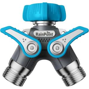 imageRAINPOINT Garden Hose Splitter 2 Way Heavy Duty Water Hose Y Spigot Splitter with Shutoff Valves 100 Metal Body Outdoor Faucet Splitter 19quot Extra Long Metal Handle 34quot GHT Thread 1 OrangeBlue