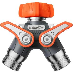 imageRAINPOINT Garden Hose Splitter 2 Way Heavy Duty Water Hose Y Spigot Splitter with Shutoff Valves 100 Metal Body Outdoor Faucet Splitter 19quot Extra Long Metal Handle 34quot GHT Thread 2 GreenOrange