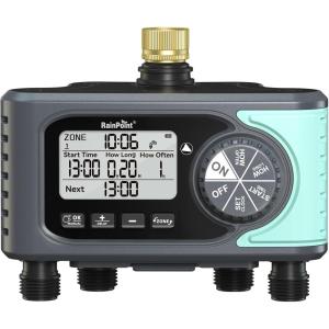 imageRAINPOINT Sprinkler Timer 4 Outlets Hose Timer with Brass Inlet with Rain DelayManualAutomatic Controller System Programmable Digital for Lawn Yard 4 ZoneSky Blue