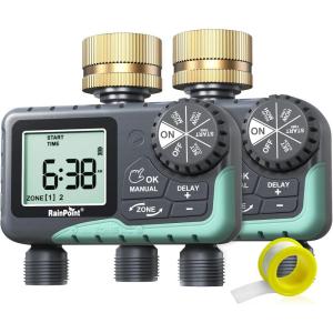 imageRAINPOINT Water Timer for Garden Hose  Sprinkler Timer with Brass Swivel  Rain DelayManual WateringAutomatic Irrigation Programmable Faucet for Yard 2 Outlet2