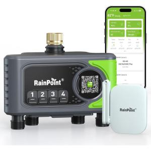 imageRAINPOINT WiFi Sprinkler Timer 4 Zone Outdoor Smart Water Timer for Garden Hose with Brass Inlet Custom Programs via APPVoice Control for Automatic Watering SystemGreen