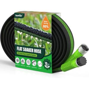 imageRAINPOINT Flat Soaker Hose 15FT for Garden Beds and Lawns Drip Hose with Anodized Aircraft Aluminum Ends Flexible Leakproof and Save 80 Water GreenGreen