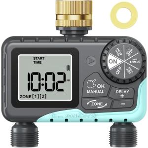 imageRAINPOINT Sprinkler Timer 2 Outlets Hose Timer with Brass Inlet with Rain DelayManualAutomatic Controller System Programmable Digital for Lawn Yard 2 ZoneSky Blue