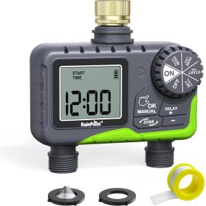 imageRAINPOINT Sprinkler Timer 2 Outlets Hose Timer with Brass Inlet with Rain DelayManualAutomatic Controller System Programmable Digital for Lawn Yard 2 ZoneGreen