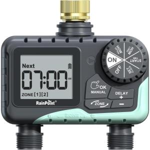 imageRAINPOINT Water Timer for Garden Hose  Sprinkler Timer with Brass Swivel  Rain DelayManual WateringAutomatic Irrigation Programmable Faucet for Yard 2 Outlet1